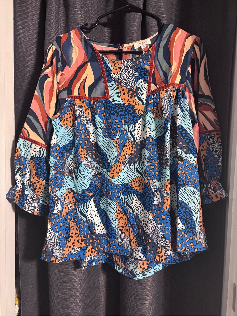 Umgee Multicolor Patchwork Animal Print Tunic - Blue/Orange/Pink